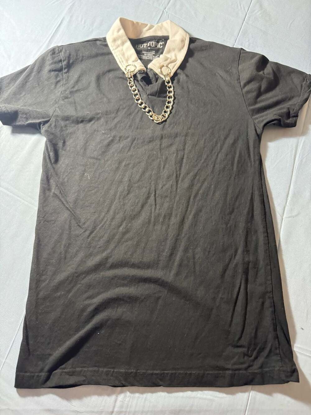 Hot Topic Black Collared Polo Shirt with Chain Detail, Size S